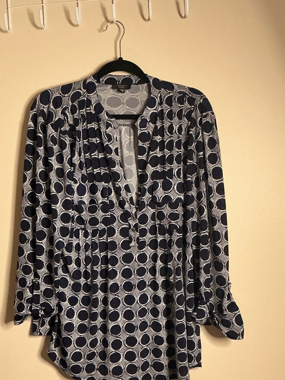 Womens Navy and White Polka Dot V-Neck Blouse